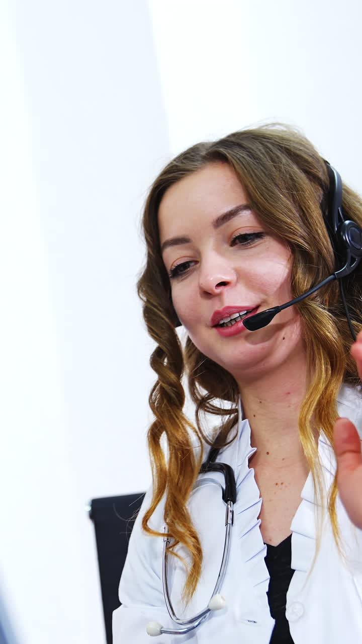 Cute woman phisician saying goodbye to a patient after on line consultation. Communication during pandemic. Vertical video