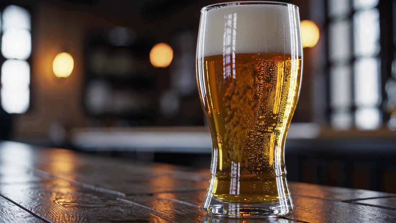 Close-up video shot of a frothy beer glass on a rustic wooden table in a dimly lit bar