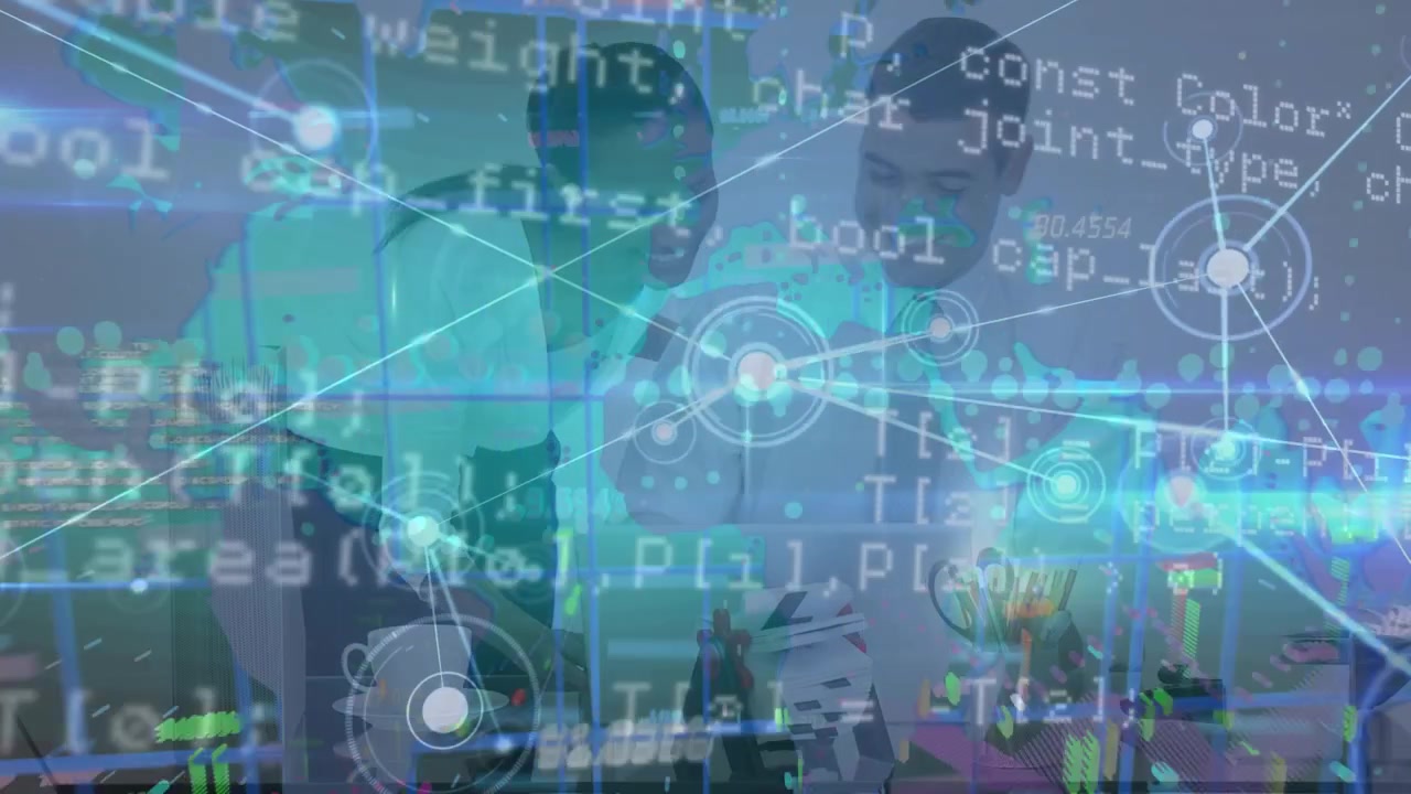 Animation of world map with data processing and network of connections over diverse business people