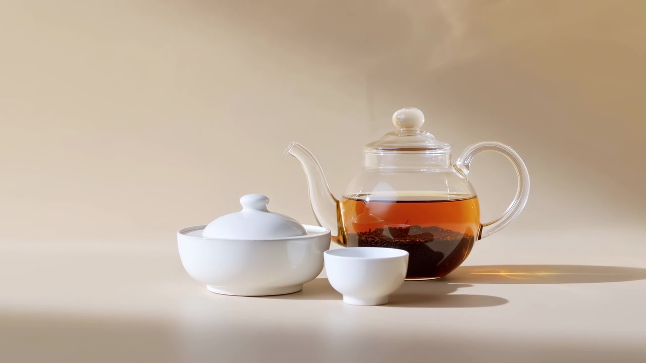Una teiera di vetro trasparente piena di tè ambrato si trova accanto a una tazza bianca e una ciotola con coperchio su una superficie beige. Una luce calda e soffusa crea ombre delicate ed evidenzia il vetro trasparente e le stoviglie in ceramica pulite