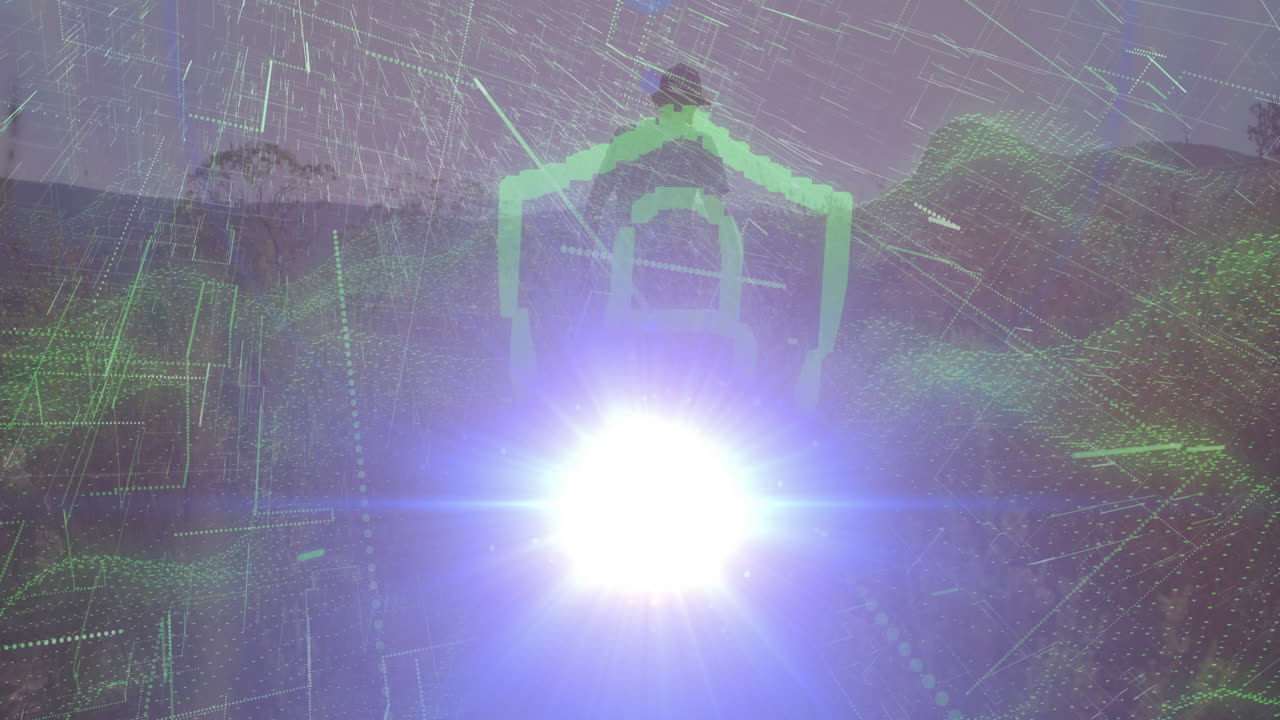 designer exploring digital security concept over hills, with padlock icon and streaming data