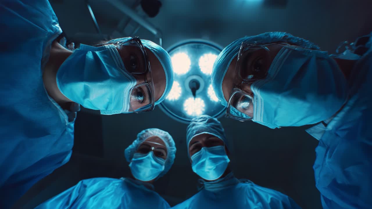 A Close-Up View of Medical Professionals in Scrubs and Masks Preparing for a Surgical Procedure in an Operating Room with Intense Lighting