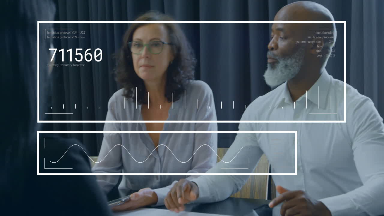 Animation of financial data processing over diverse colleagues having meeting in office