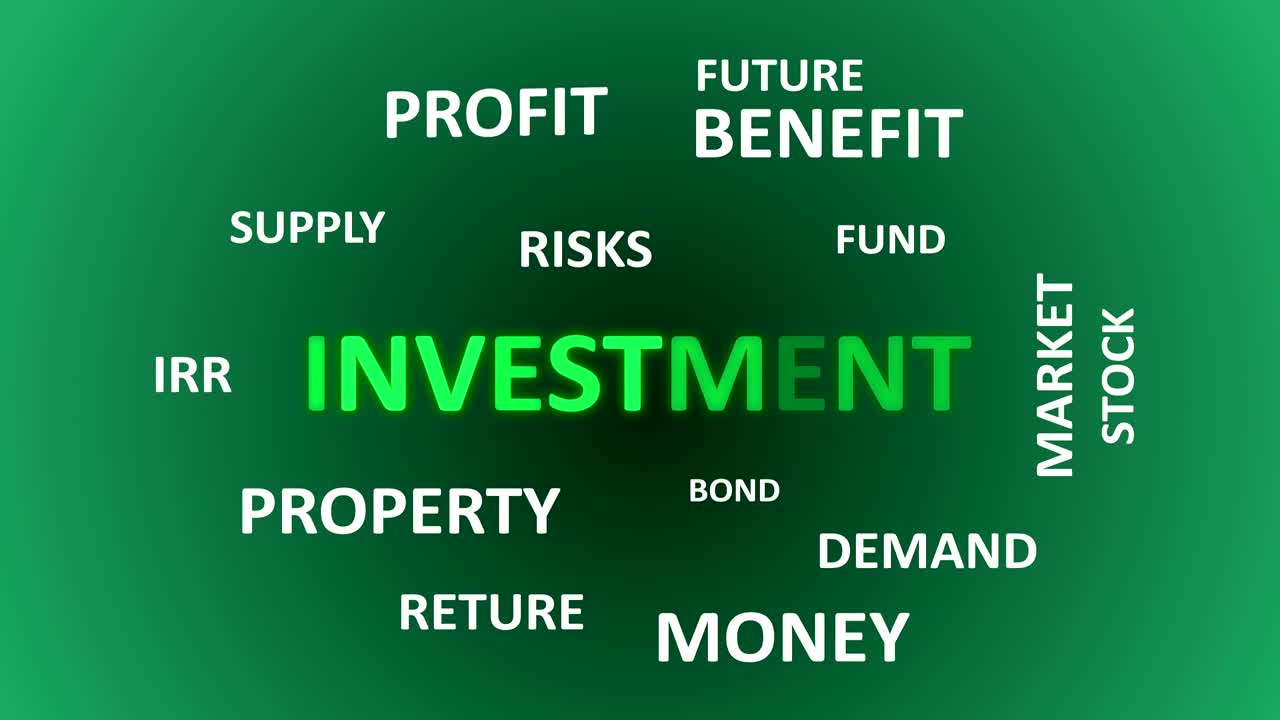 Grüne CG-Text-Motion-Graphic für Finanzinvestitionen und Aktienmärkte.
