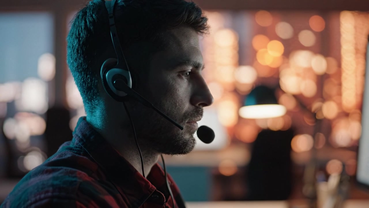 Focused individual wearing a headset engaged in a conversation, situated in a modern workspace illuminated by soft ambient lighting with blurred background.