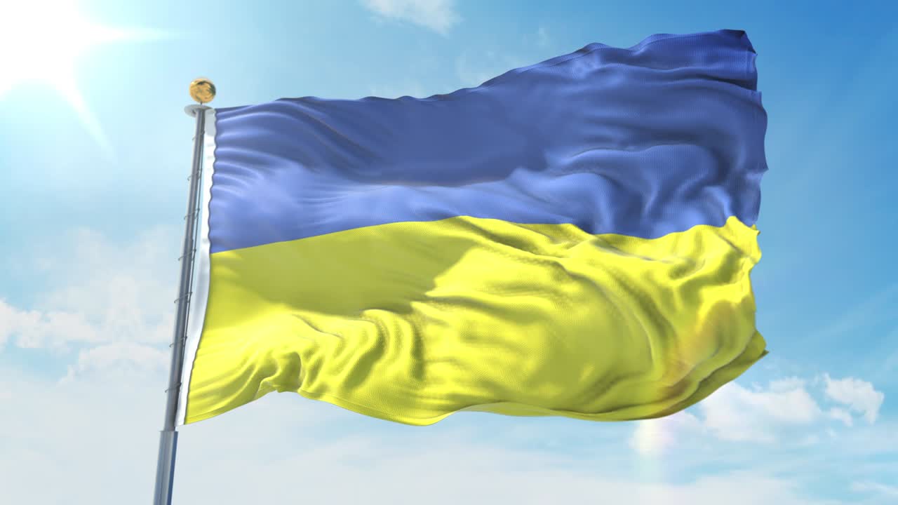 깊은 파란 하늘을 배경으로 바람에 흔들리는 우크라이나 발, 국가 테마, 국제 개념, 3d 렌더링, 원활한 루프, 4k