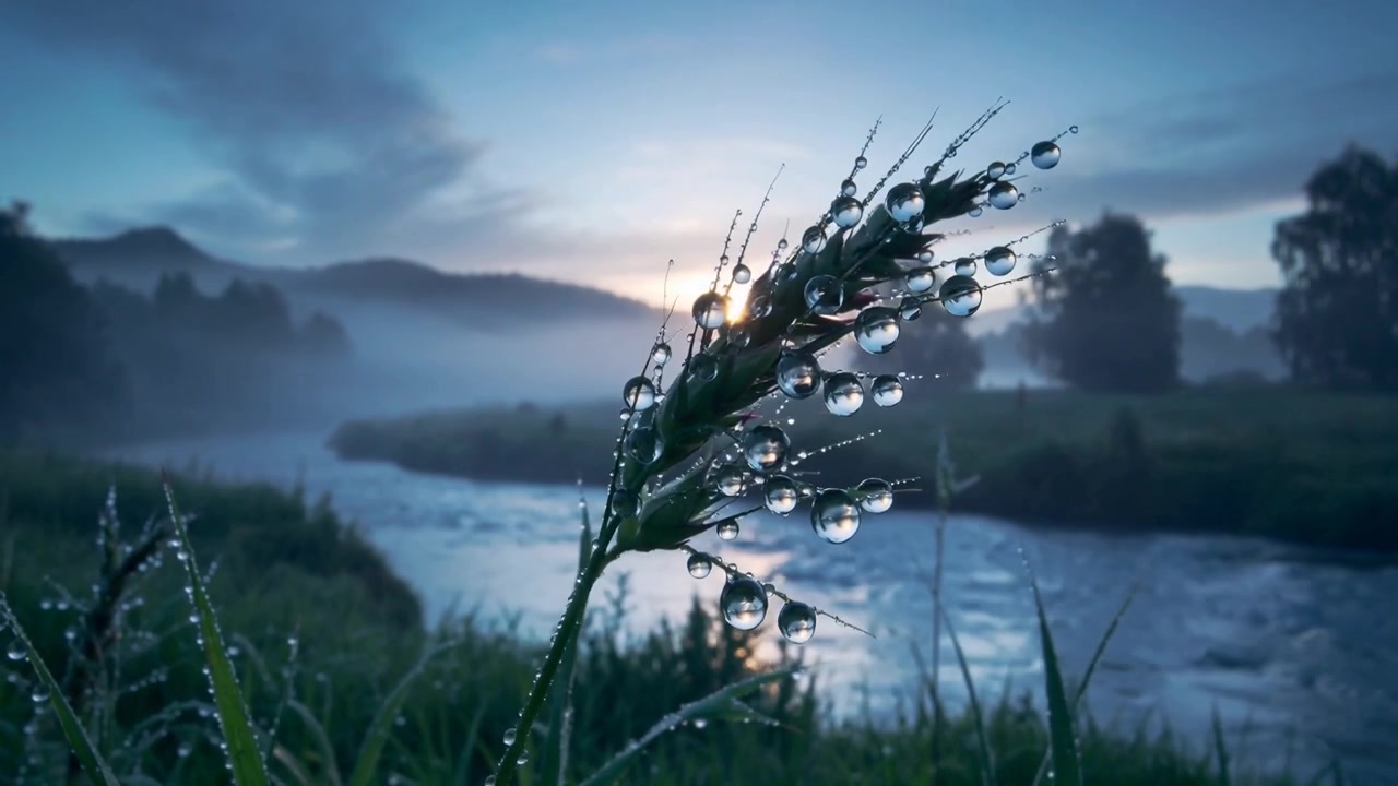 Backlighting dewy grass seed head, rising sun creating bright droplets and misty riverside glow
