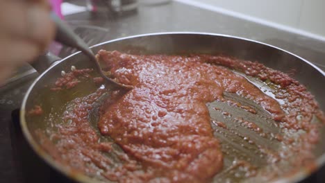 women mixing sauce in a frying pan