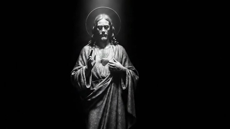 Dramatisk video fra lav vinkel af en statue i sort/hvid, med spotlys der fremhæver detaljer