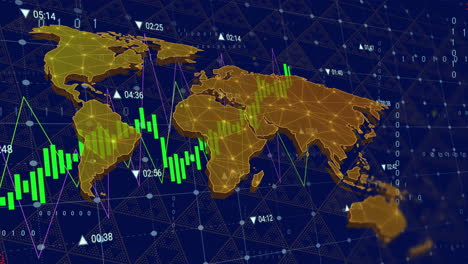 stock market data and financial graphs animation over world map