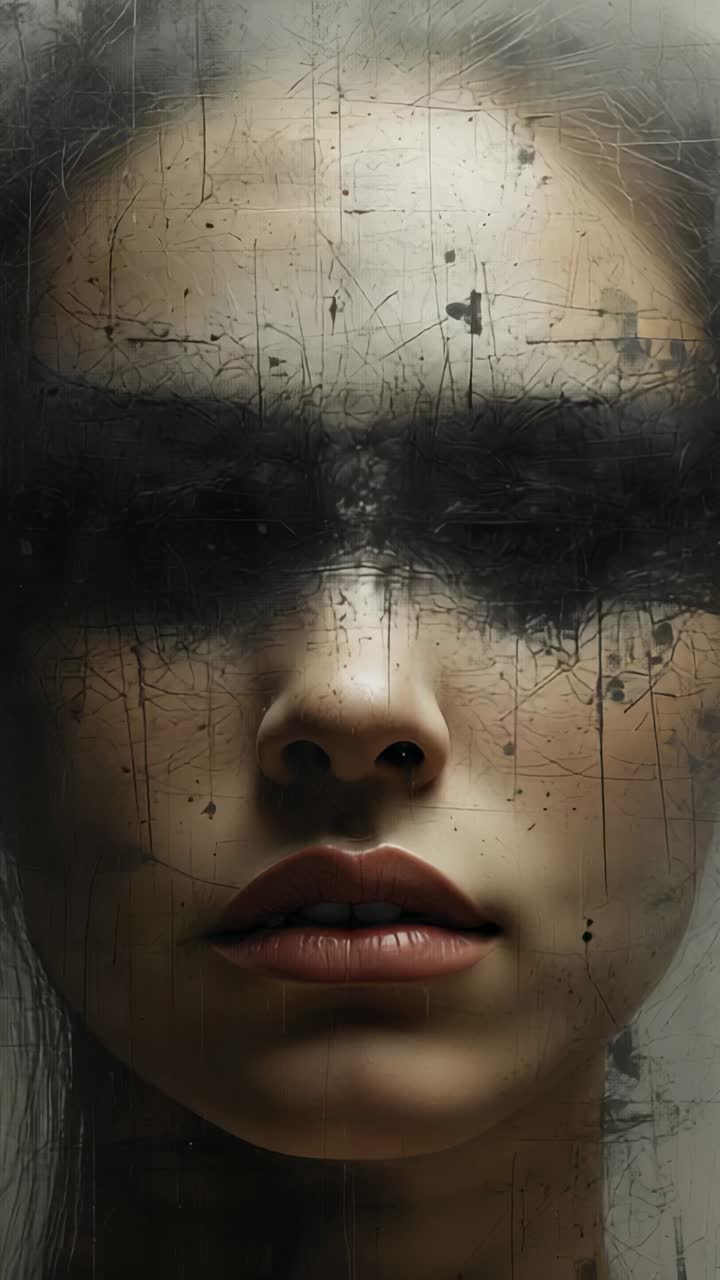 Vertical video: Facing woman in studio, soft light shifting, lips parting, dark band obscuring eyes