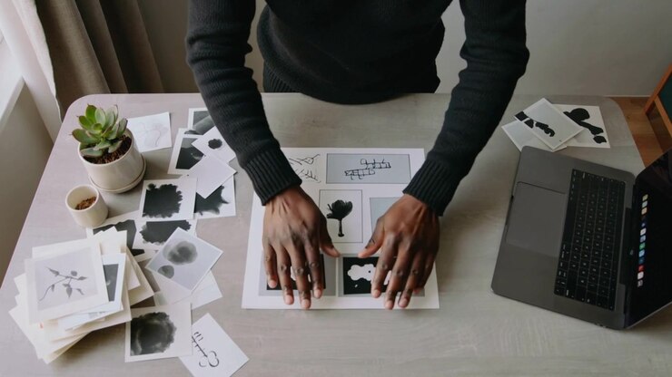 Lifting man wearing dark long-sleeve sweater arranging prints at home studio table, centering sheet