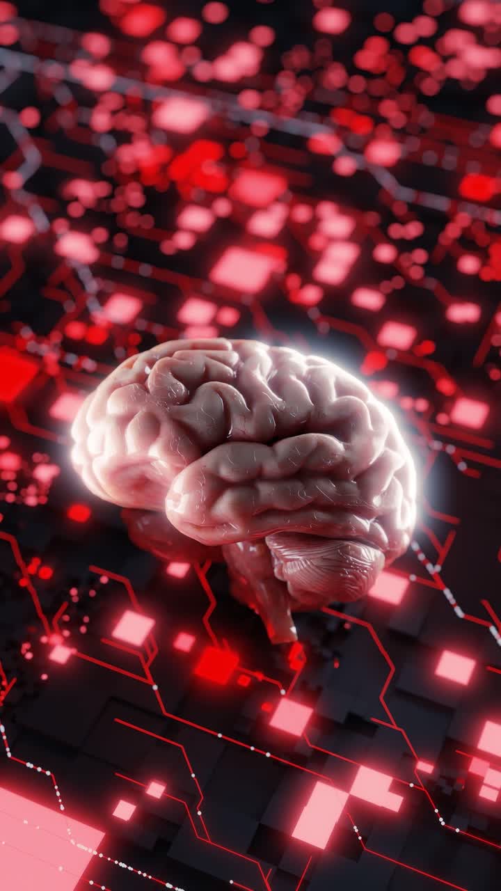 Human brain model floating over glowing red digital circuit background. 3D render of brain and illuminated tech network. Artificial intelligence and neural data flow concept. vertical