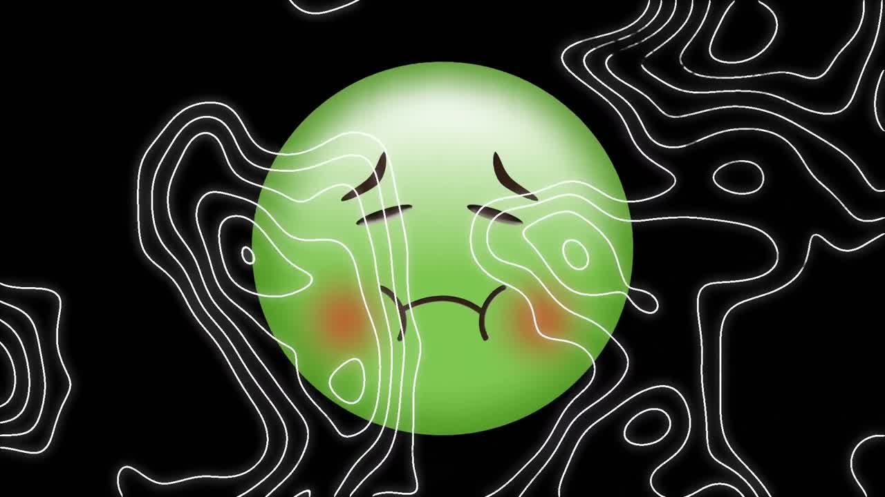 검은 바탕에 선 지도와 함께 아픈 이모지 아이콘의 애니메이션