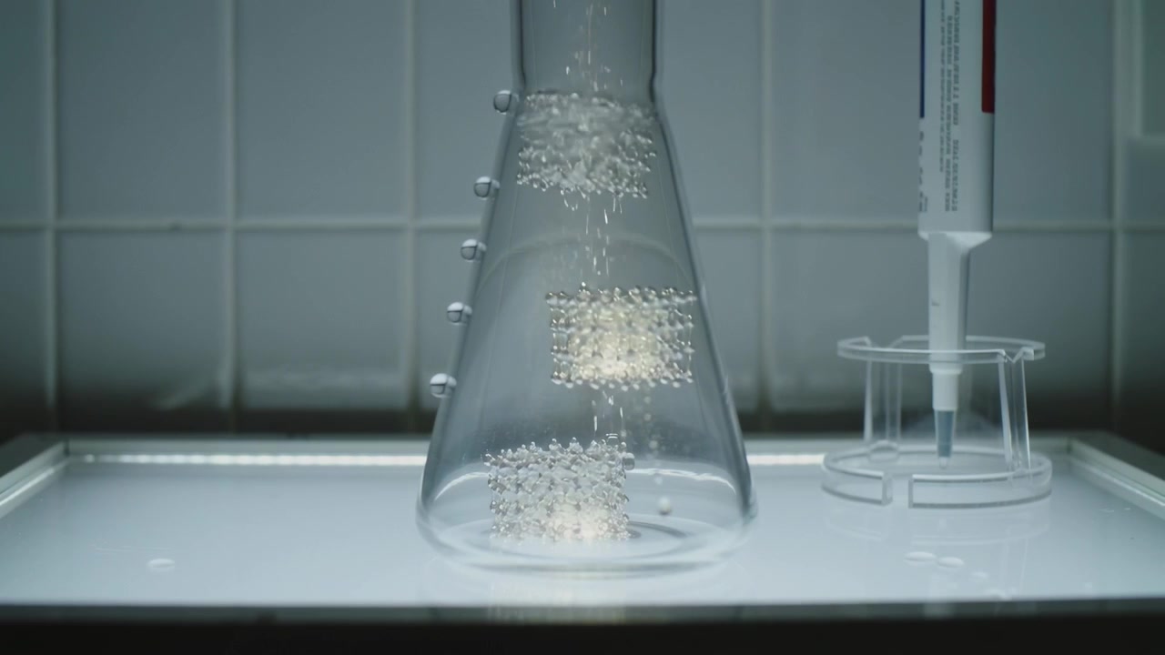 Lit tray causing droplets forming 3 layered bands in inverted Erlenmeyer flask on lab bench pipette
