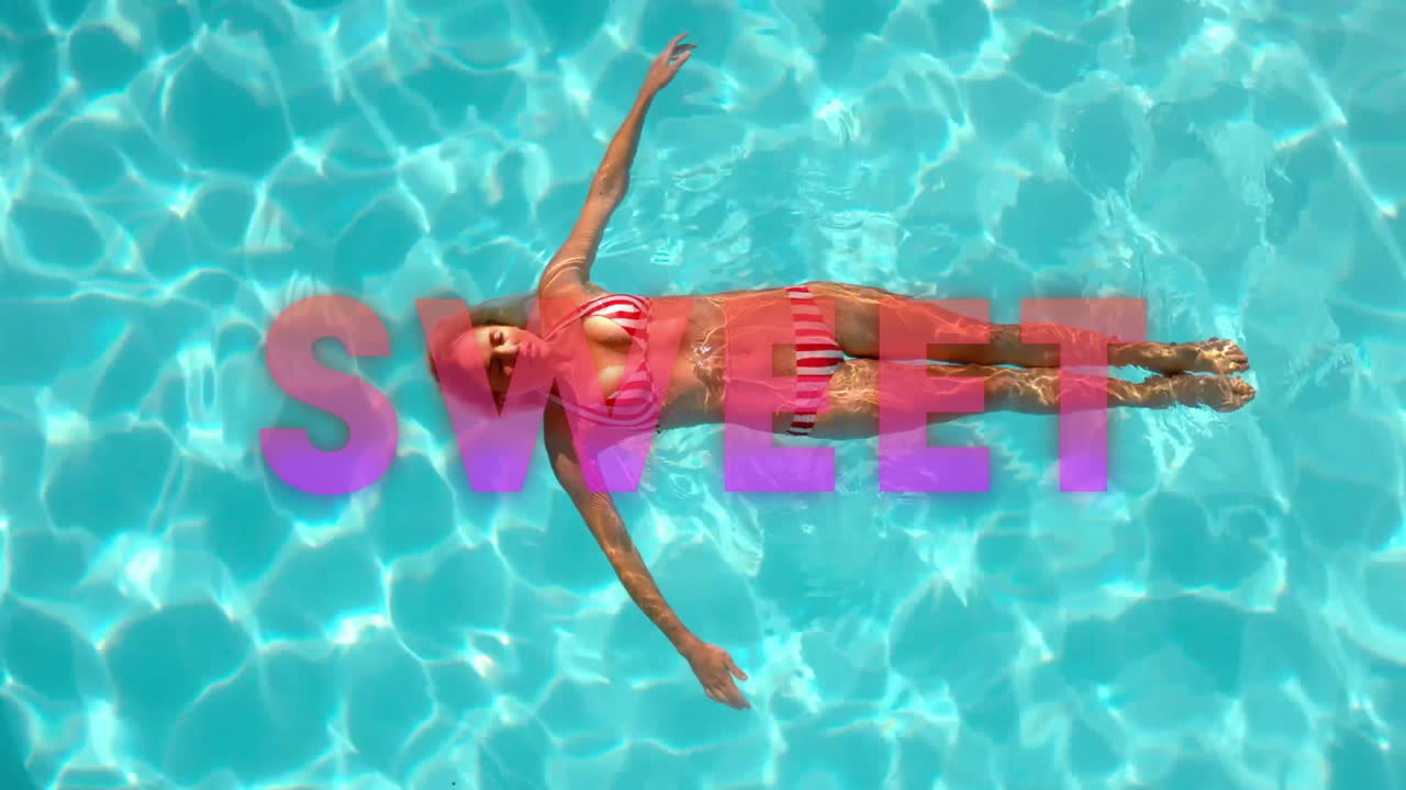 Floating in pool, woman with SWEET animation overlay in vibrant colors