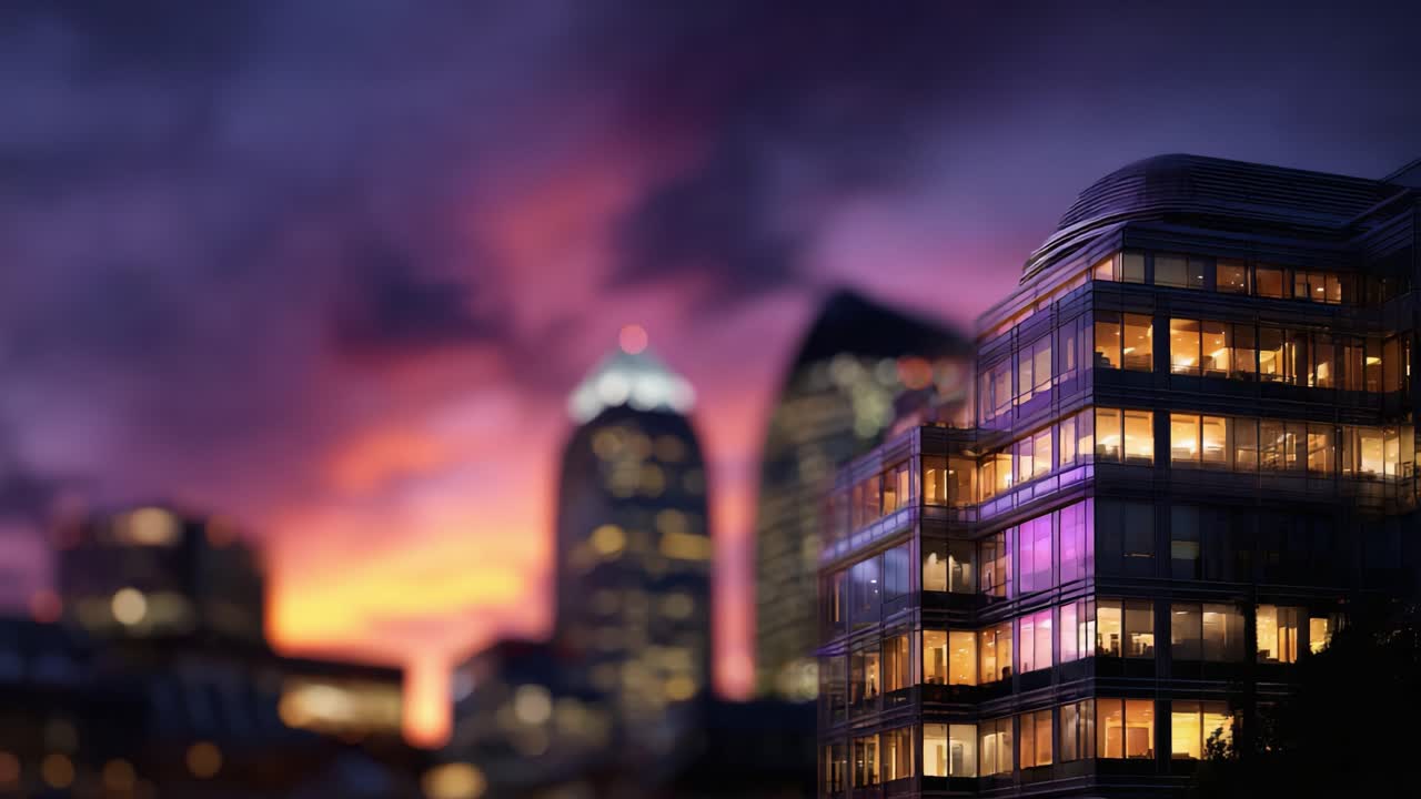 Horizonte noturno deslumbrante com edifícios iluminados sob um pôr do sol colorido e estética de iluminação urbana, capturando o charme da vida na cidade ao anoitecer