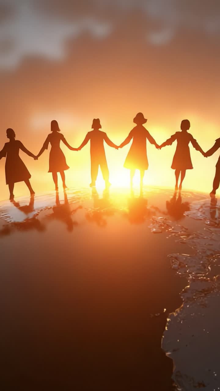 Silhouetted Unity: A Group of People Holding Hands Against a Stunning Sunset Over the Water, Symbolizing Togetherness and Connection in a Beautiful Setting