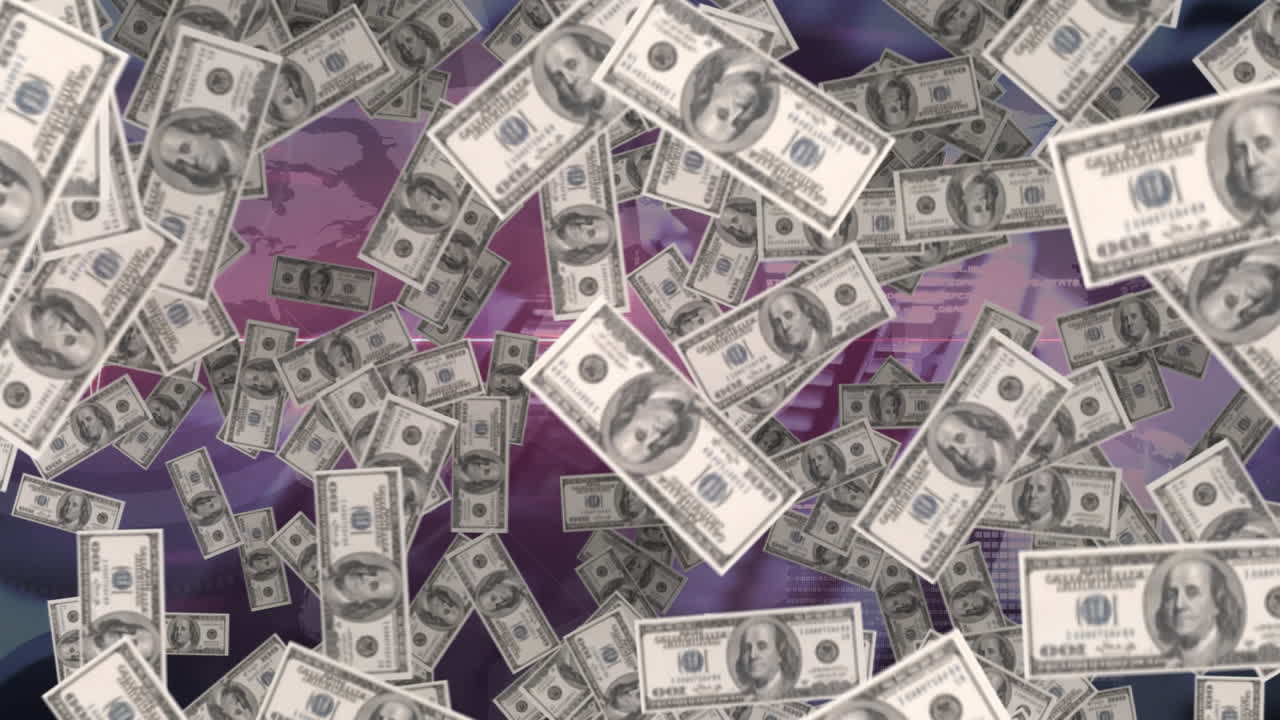 animación de billetes de dólares estadounidenses flotando sobre un monitor de frecuencia cardíaca y un globo terráqueo