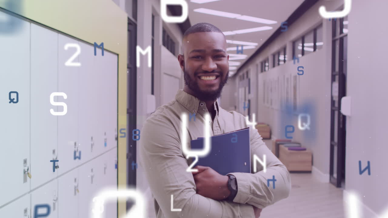 Animation of data processing over laughing african american male teacher in school corridor