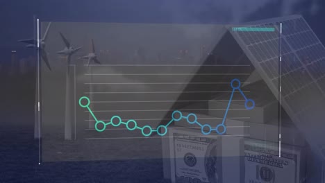 Animación-De-Gráficos-Sobre-Paquetes-De-Billetes-De-100-Dólares,-Paneles-Solares-Y-Molinos-De-Viento-En-Tierra