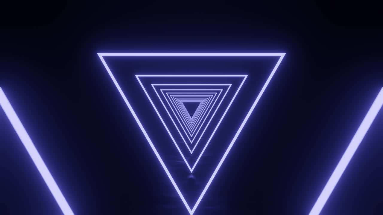추상적인 미래의 터널에서 보라색 네온 삼각형. 시엄리스 루프 sf 모션 그래픽. 네온 반이는 기술 배경.
