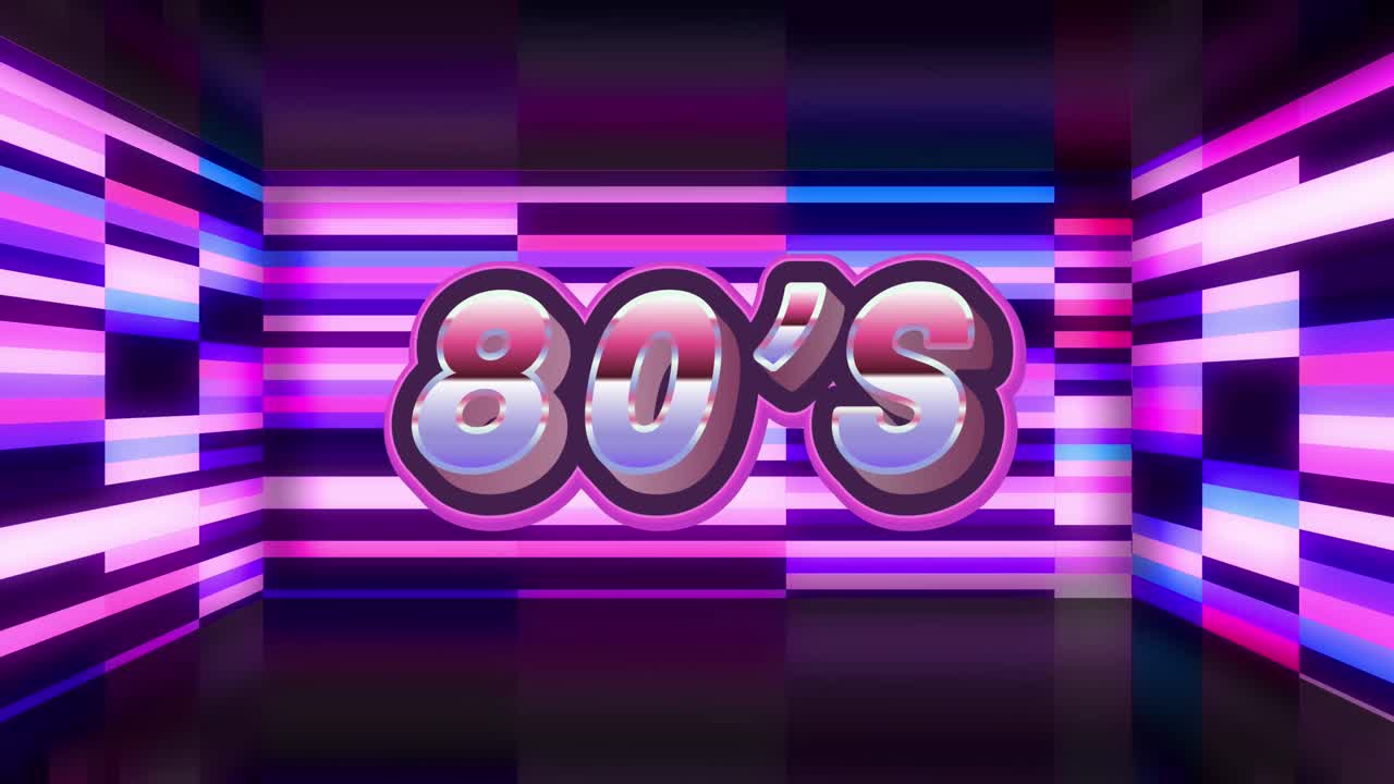 Animation of 80's text over colorful shapes on black background