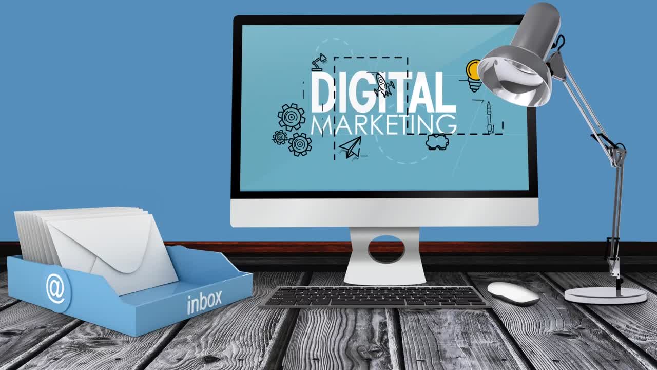 animation von digitalen marketingtexten und -symbolen über office