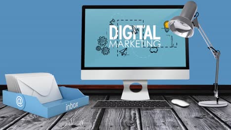 animation of digital marketing text and icons over office