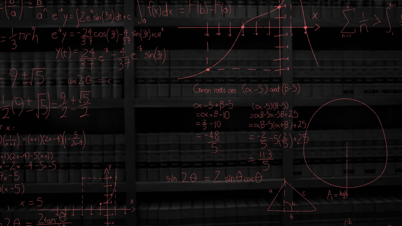Book shelf and mathematical equations and graphs