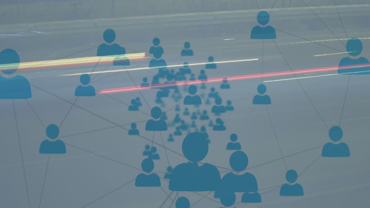 도시 풍경 위의 아이콘으로 연결된 네트워크의 애니메이션