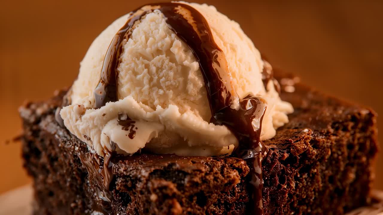 Flusso di salsa al cioccolato che ricopre un brownie quadrato e una pallina di gelato alla vaniglia su un tavolo, gocce lucide
