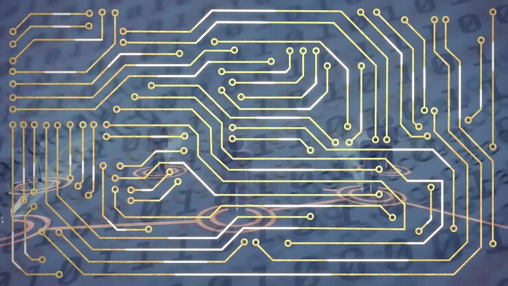 Animation of microprocessor connections and network of people icon against binary coding
