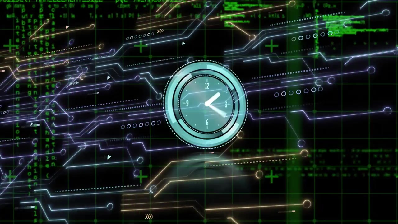 At scene opening clock face appearing over neon grid pulsing paths streaming code showing data flow