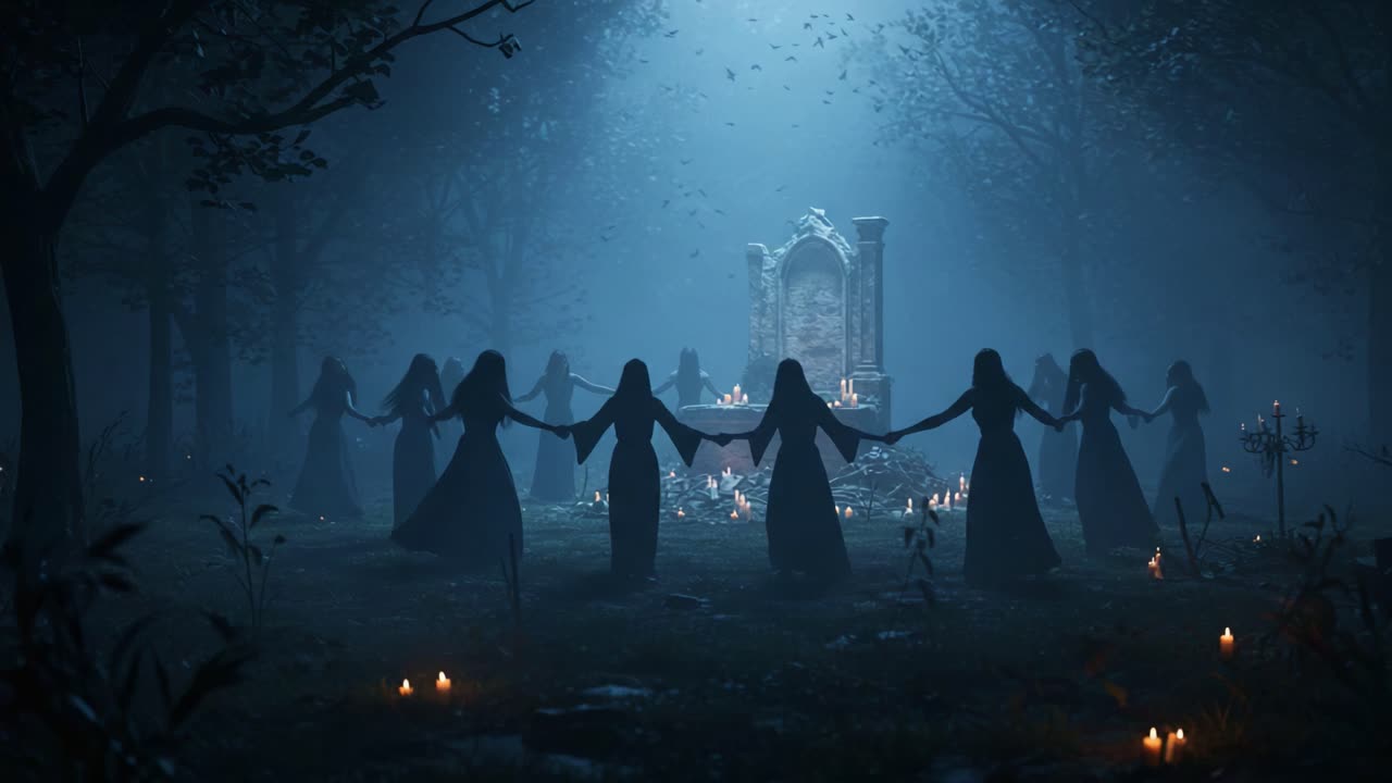 A Haunting Gathering: Enigmatic Figures Encircling a Mystical Shrine in an Enchanted Forest Under a Moonlit Sky
