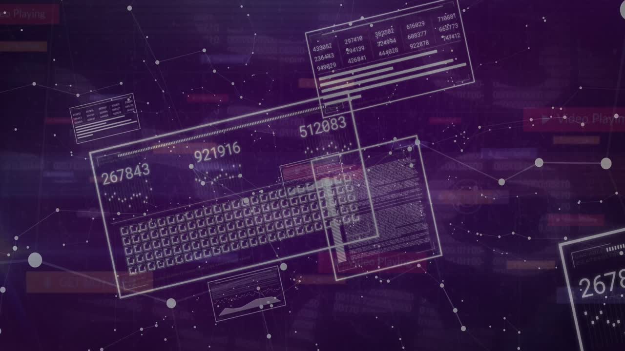 Animation of data processing and network of connections over dark background