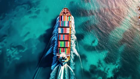 aerial view of a cargo ship with colorful containers on turquoise water