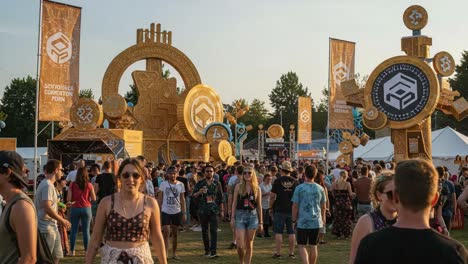 vibrant festival atmosphere: crowds gather at golden decorations amidst colorful banners and tents, celebrating community and creativity in a lively outdoor environment