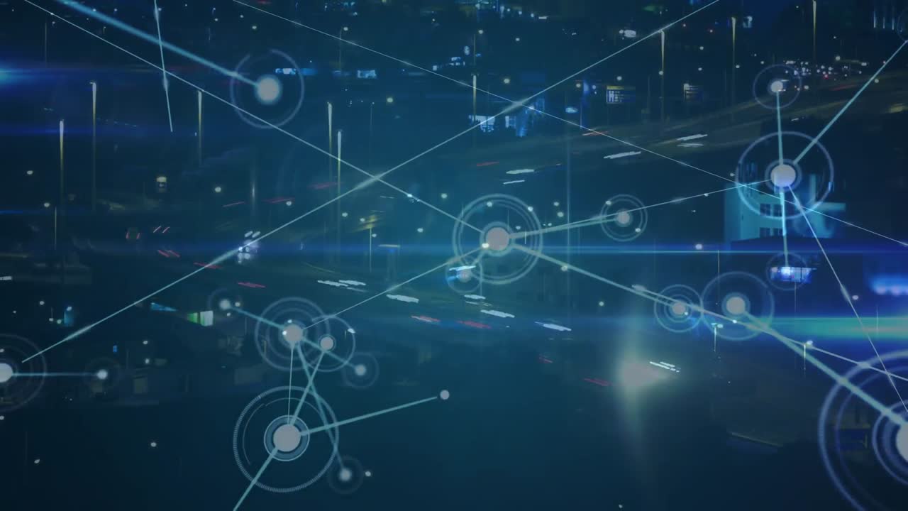 animación de la red de conexiones a través de una vista aérea del tráfico nocturno de la ciudad