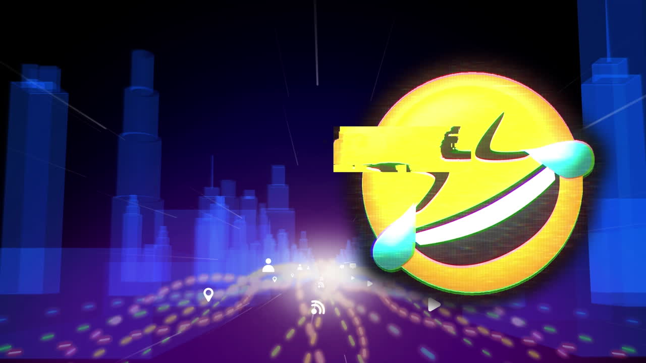 디지털 시티 위에 있는 이모지 아이콘의 애니메이션