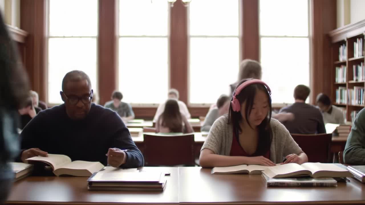 Focused Study Session: A Young Student Engrossed in Reading and Note-Taking in a Quiet Library Environment Surrounded by Peers Using Diverse Study Methods