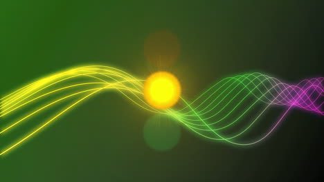 animation of glowing traffic lights with colourful glowing waving lines on green background