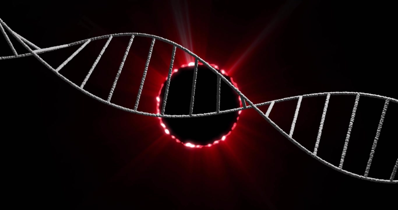On entry, metallic DNA helix sweeping across frame, pulsing corona creating depth, revealing core