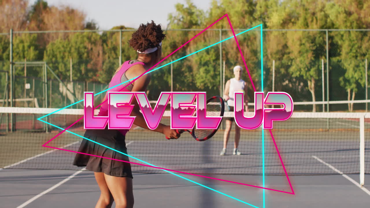 Women playing tennis rally mid-court boosting health with neon LEVEL UP graphics overlay