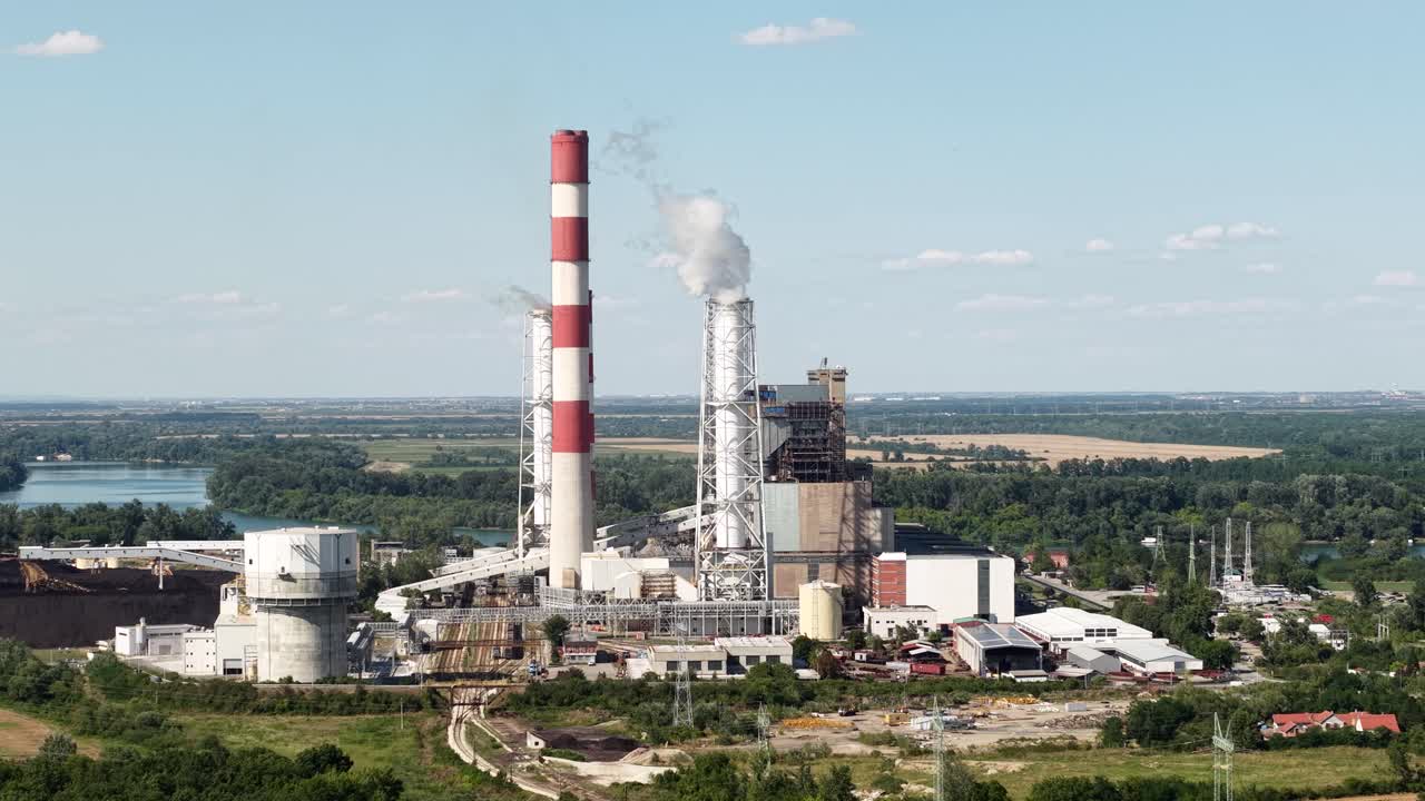Aerial View of Coal Fired Power Station, Electric Plant Chimneys and Toxic Smoke