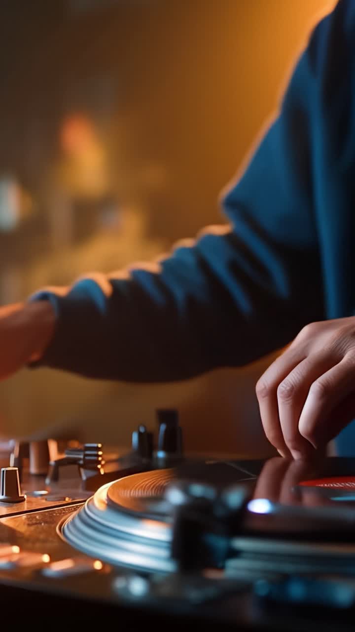 Luci calde brillano soffusamente dietro un DJ. Le mani scorrono sui controlli con calma concentrata. La musica pulsa attraverso l'attrezzatura sottostante. Ideale per scene di club, feste o eventi di ballo. Nessun animale o pianta presente