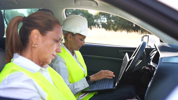 Due ingegnere con giubbotti e caschi di sicurezza che lavorano su un laptop all'interno di un'auto in una giornata di sole.