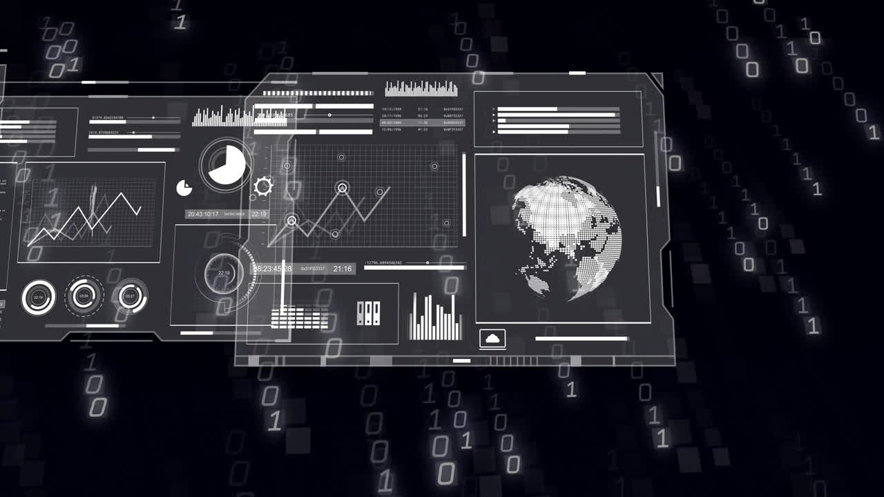 데이터 처리에 대한 이진 코딩의 애니메이션 및 지구와 함께 다이어그램