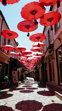 charming alley with red umbrellas