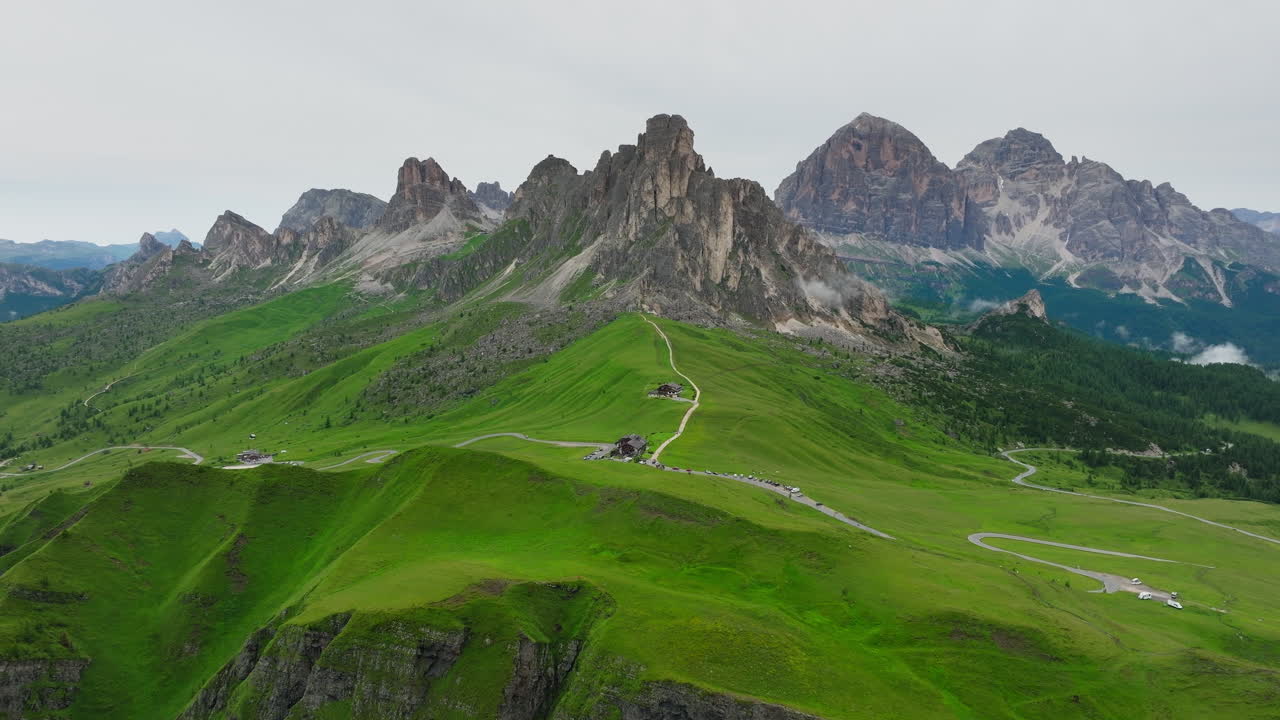 Giau Pass in Dolomites, Passo Di Giau connecting Cortina d'Ampezzo with Selva di Cadore and Val Fiorentina, Revealing drone shot